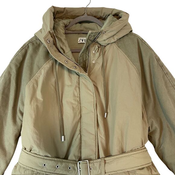 Zara Coat Parka Womens Small Tan Khaki Belted Hooded Zip Up Snaps Flap Pockets - Picture 2 of 7